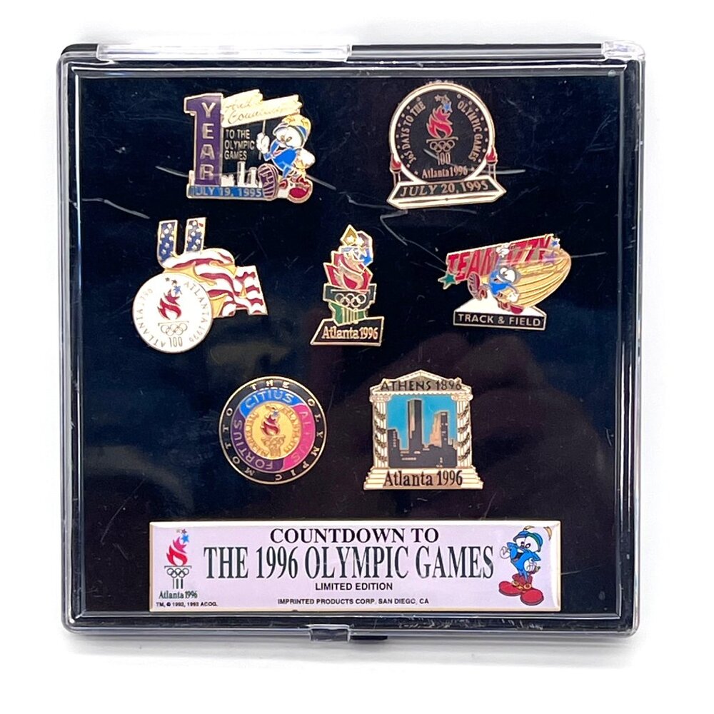 Atlanta 1996 Olympic Games Countdown 7 Pin Set Limited Edition In Display Case